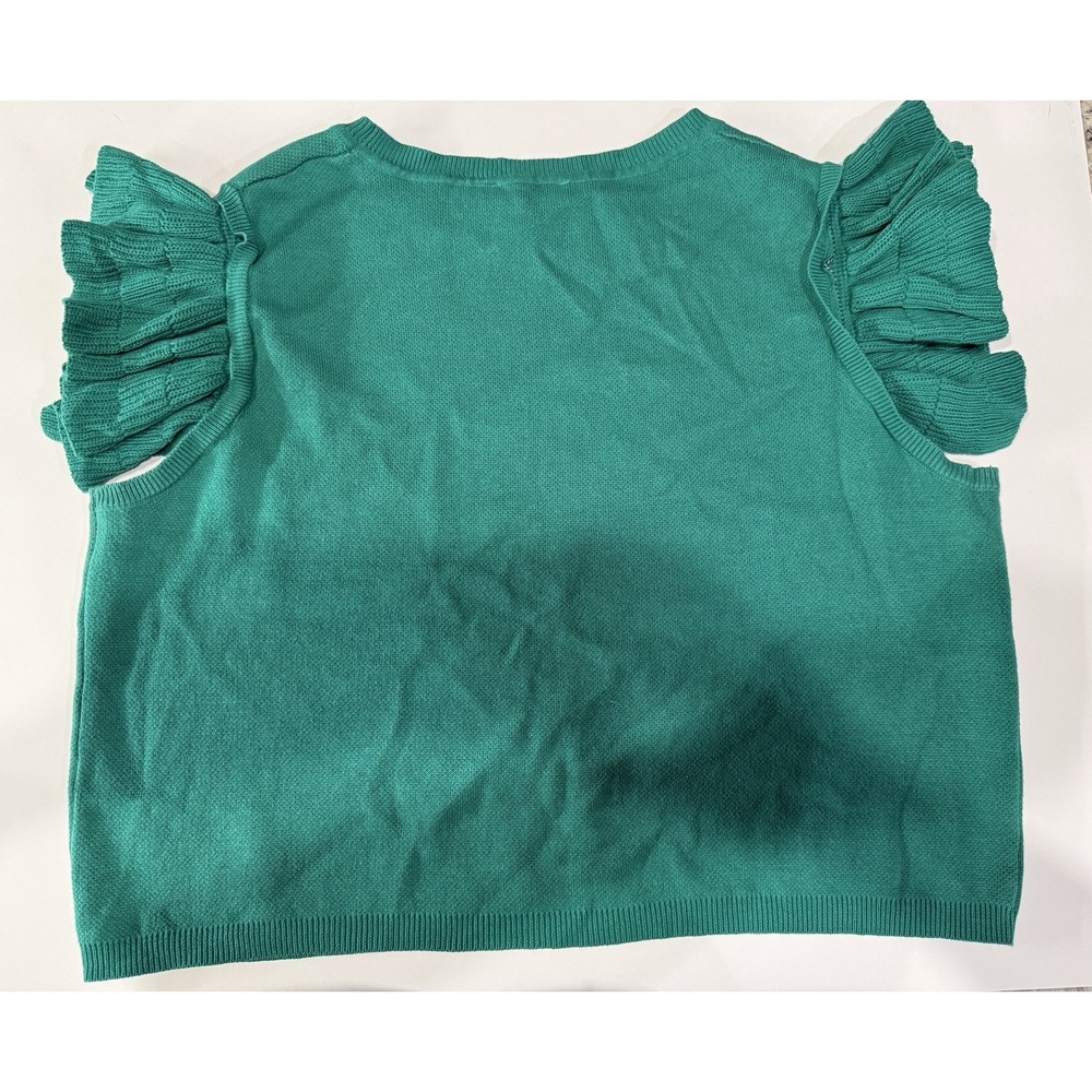 Entro Green Cheetah Ruffle Sleeve Sweater Top Knit Crewneck Size L 100% Cotton - Picture 2 of 7